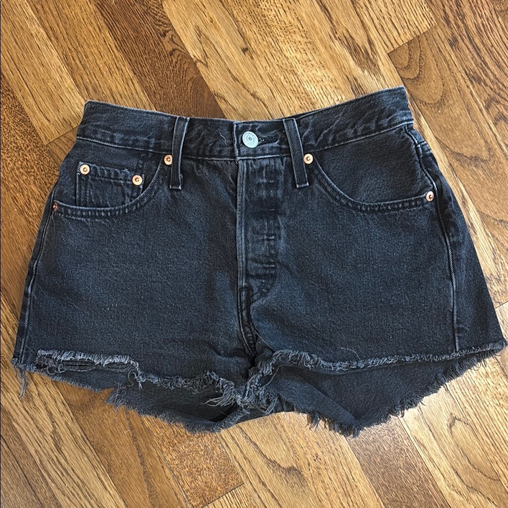 Levi's Black Jean Shorts Distressed Frayed Hem High-Waisted
